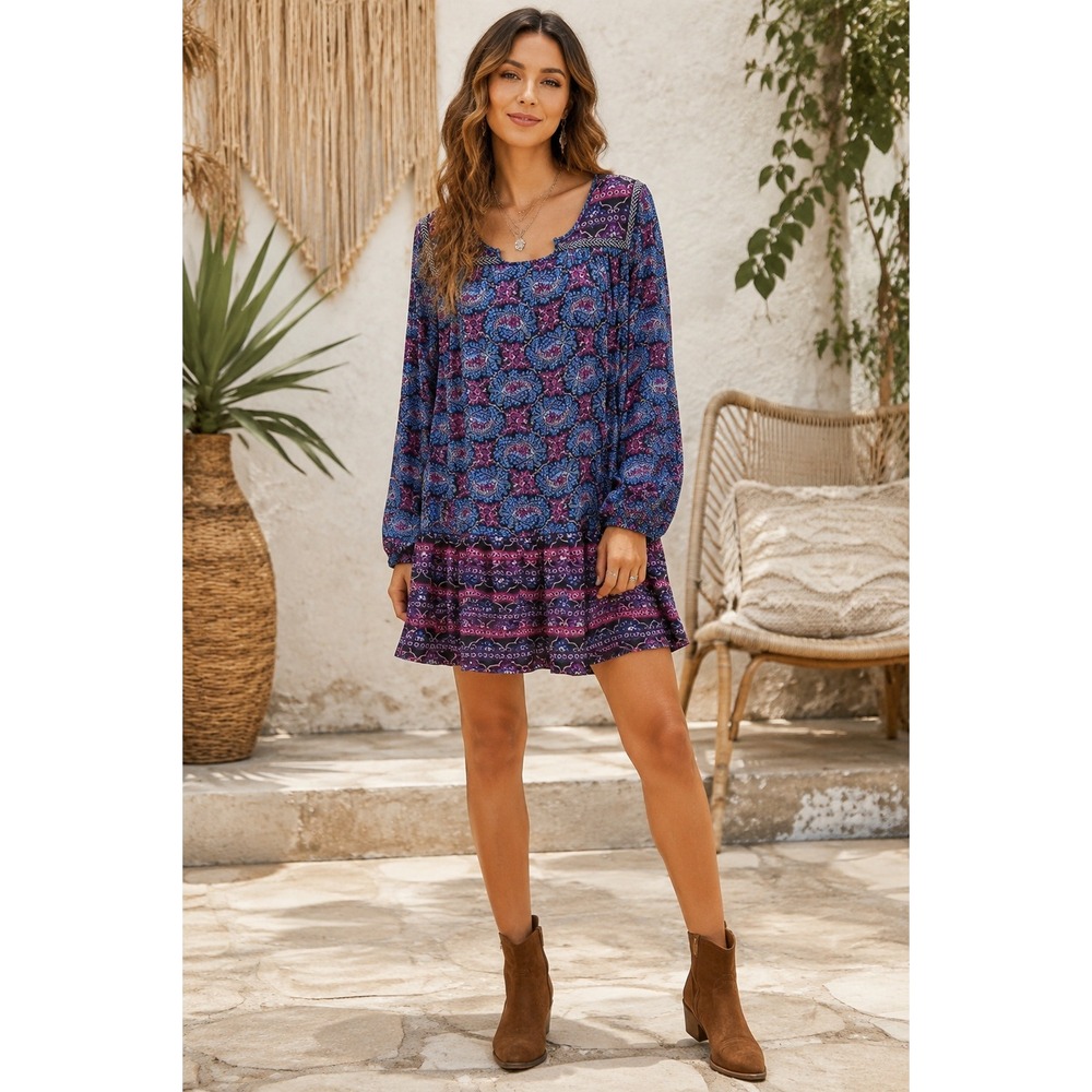 One Clothing Y2K Boho Paisley Floral Tiered Mini Dress Blue Purple Long Sleeve M